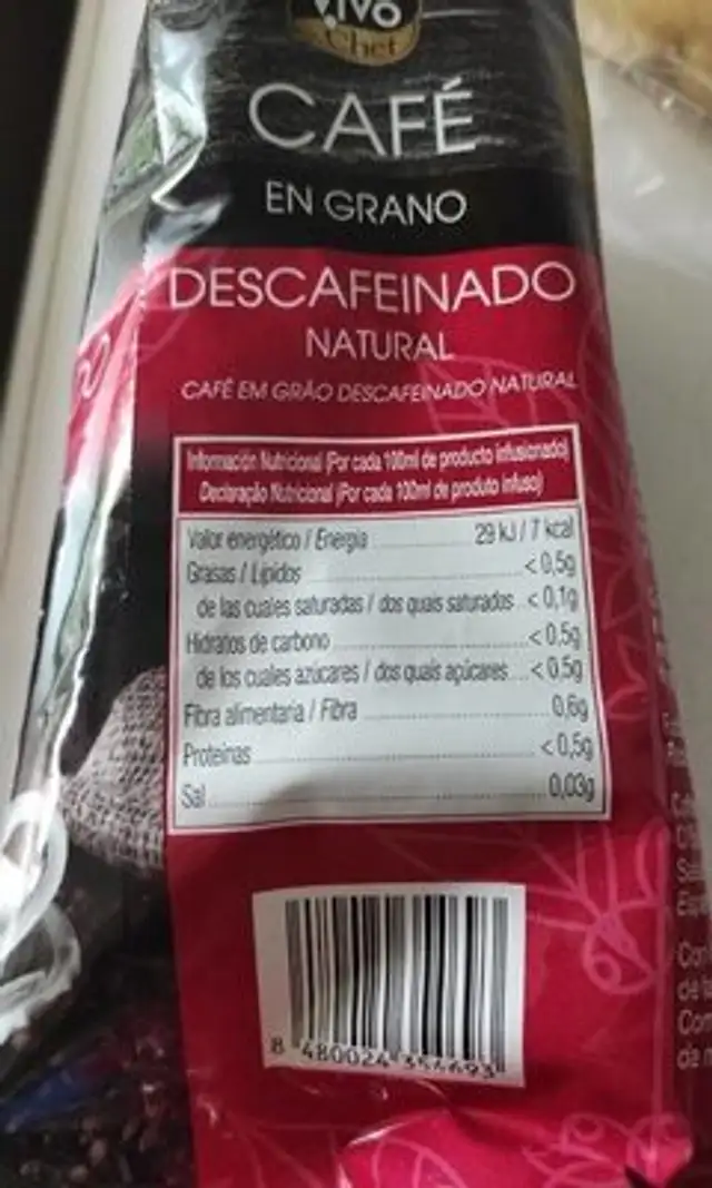 Café en grano nutrition facts table
