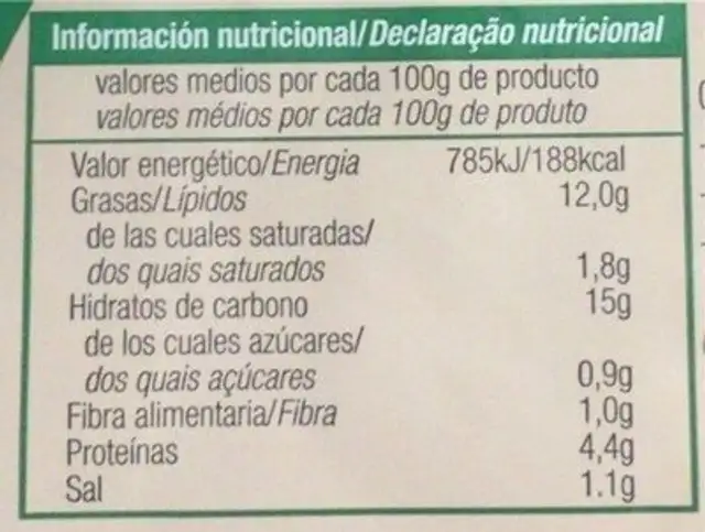 Tortilla fresca con cebolla nutrition facts table