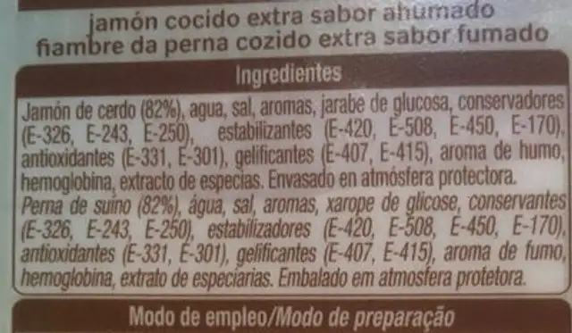 Jamón cocido extra ingredients label