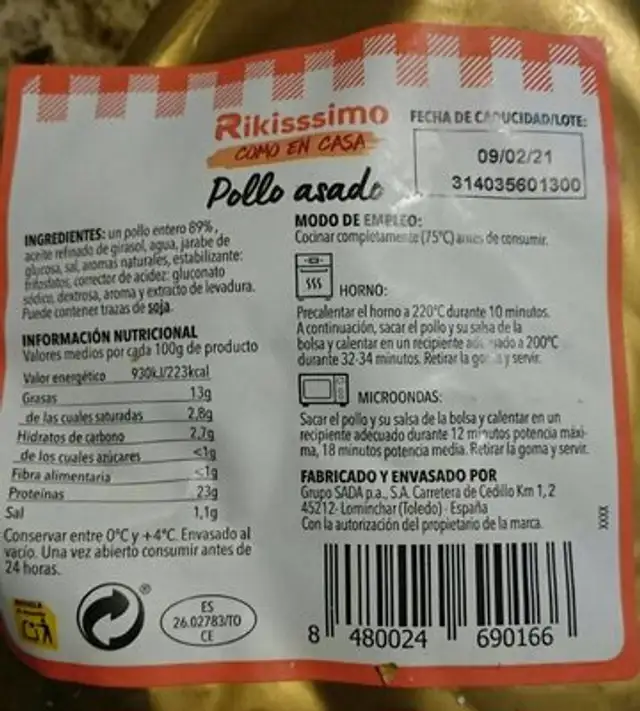 Pollo asado nutrition facts table