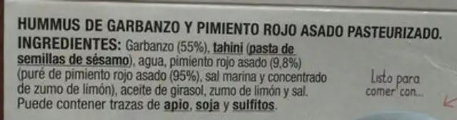 Hummus de garbanzos con pimiento ingredients label