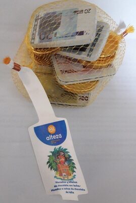 Monedas y billetes de chocolate con leche front packaging