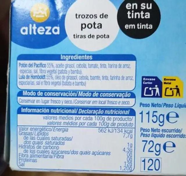 Trozos - Tiras de Pota en su tinta nutrition facts table
