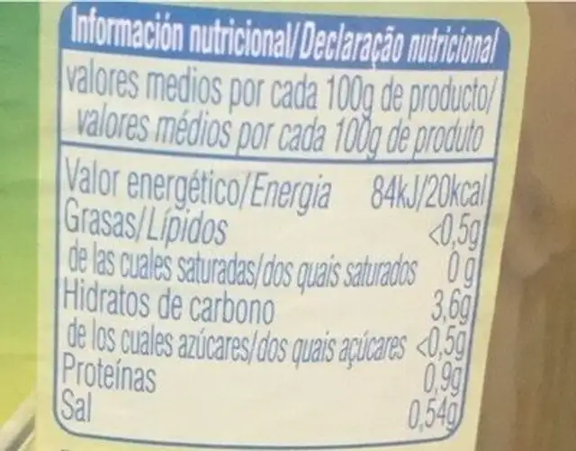 Judias verdes nutrition facts table