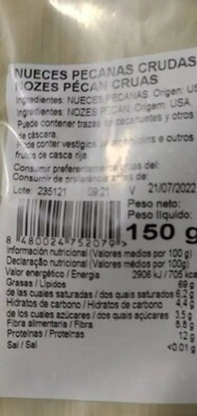 Nuez pecana nutrition facts table