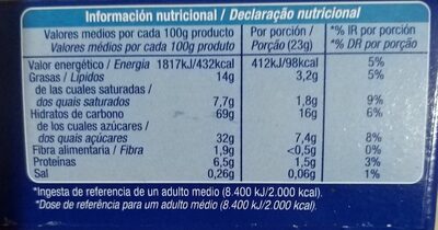 barritas de cereales con chocolate nutrition facts table