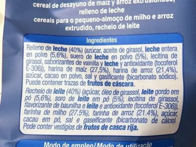 Cereales rellenos de leche ingredients label