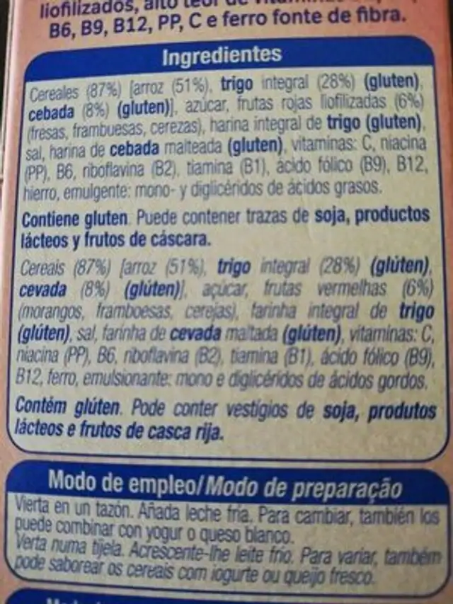 Cereales integrales con frutas rojas ingredients label