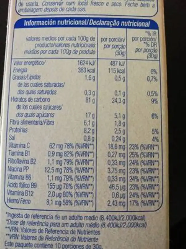 Cereales integrales con frutas rojas nutrition facts table