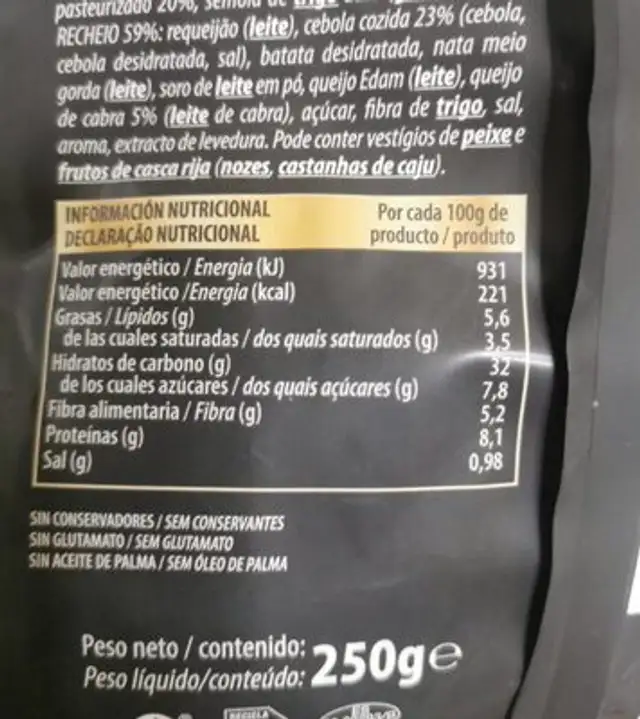 Pasta fresca rellena nutrition facts table