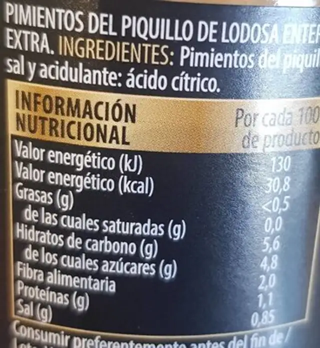 Pimiento de piquillo lodosa nutrition facts table