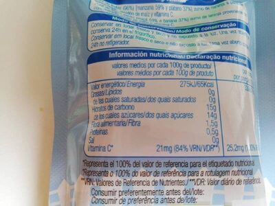 Chupafrutas nutrition facts table