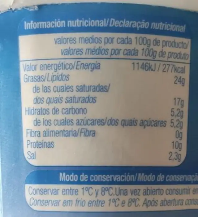 Crema de queso azul nutrition facts table
