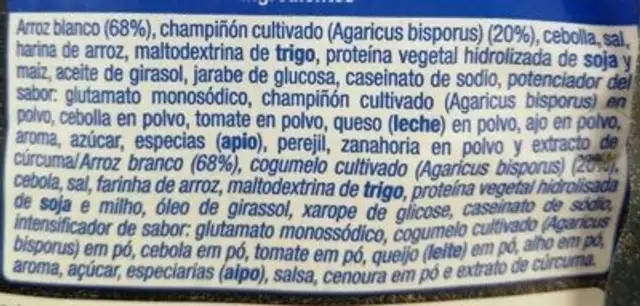 Risotto de Champiñones ingredients label