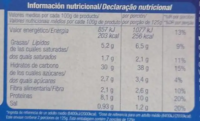 Bagiettina de atun nutrition facts table