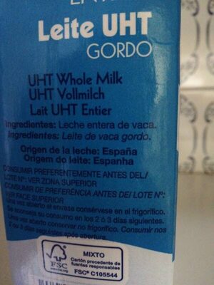 Leche UHT entera ingredients label