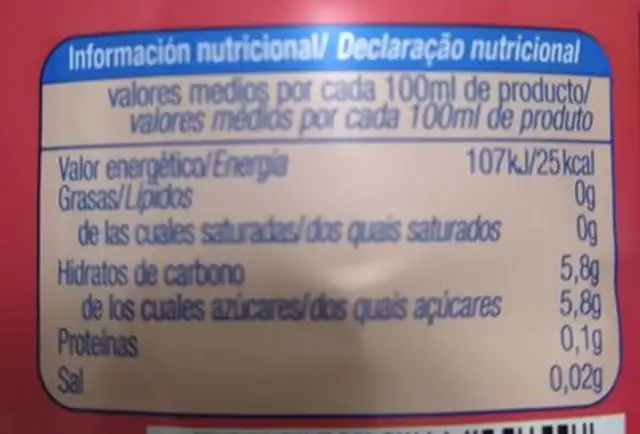 Tropical sin gas nutrition facts table