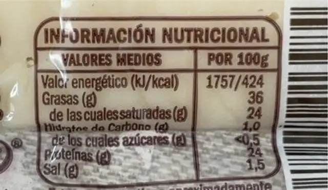 Queso Oveja Curado nutrition facts table