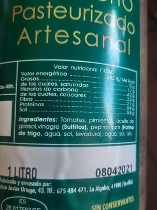 Gazpacho pasteurizado artesanal nutrition facts table