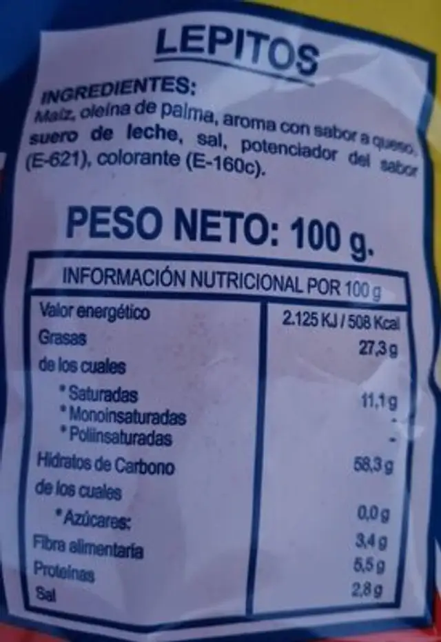 Exquisitos nutrition facts table