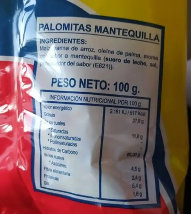 Palomitas adarve nutrition facts table