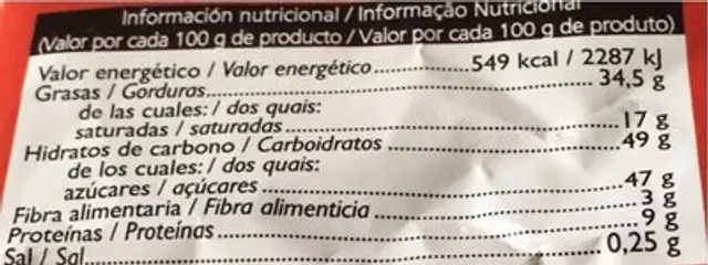 Chocolate con leche y almendras nutrition facts table