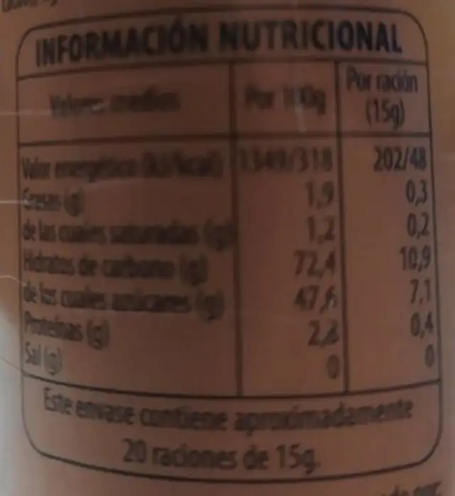 Sirope de chocolate nutrition facts table