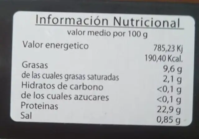 Boquerones de la costa nutrition facts table