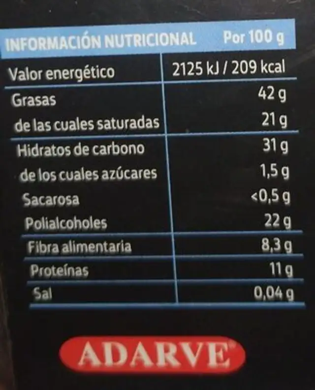 Chocolate negro con almendras 72% de cacao nutrition facts table