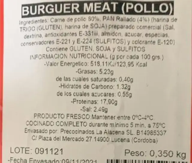 Burger meat pollo nutrition facts table