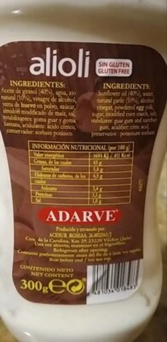 Alioli nutrition facts table