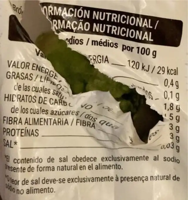 Brocoli congelado nutrition facts table