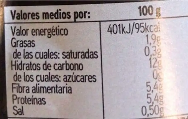 Garbanzo cocido Seleqtia nutrition facts table