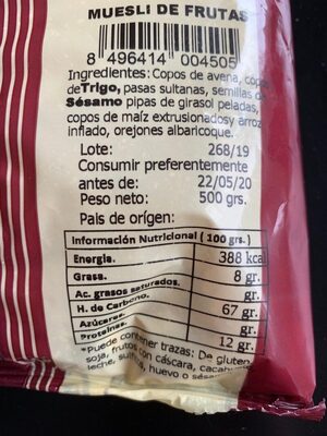 Muesli de frutas front packaging