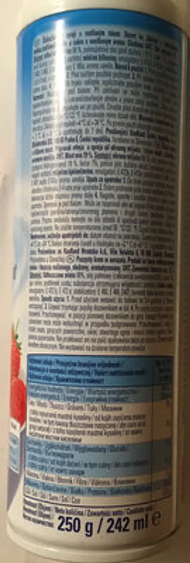 Spray cream with vegetable fat nutrition facts table
