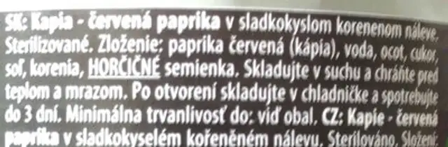 Kapia v náleve ingredients label