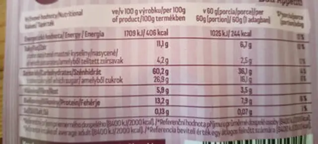 CHIA kasa - brusnice a kesu oriesky nutrition facts table