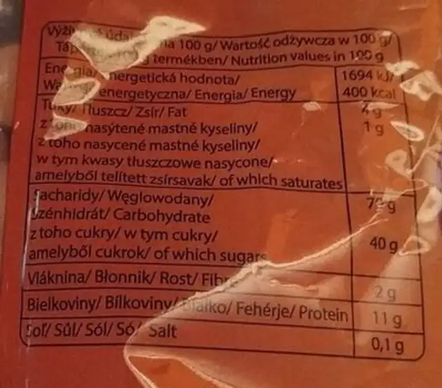 Seditky nutrition facts table