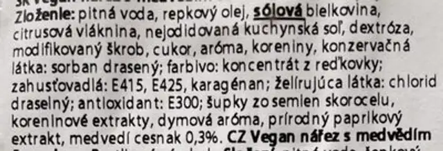 Vegan nárez s medvedím cesnakom ingredients label