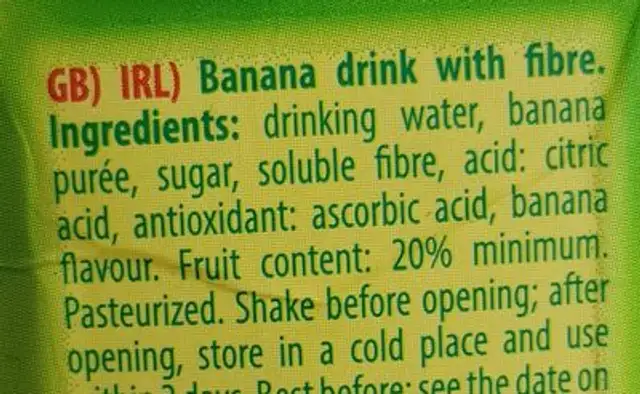 Banana with fibre ingredients label