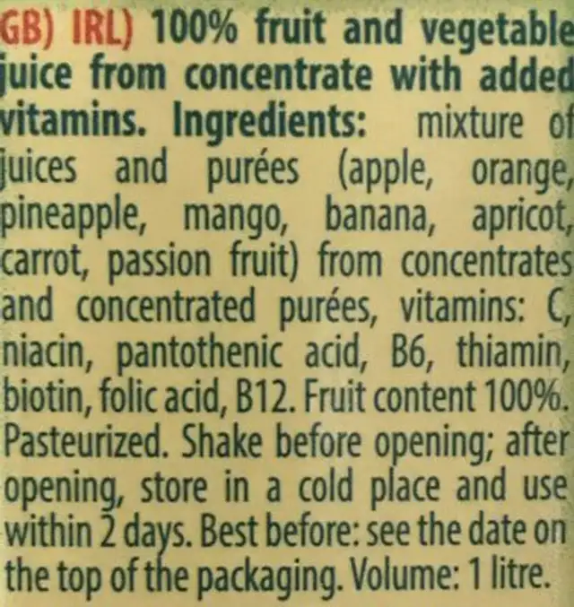 Hello Multivitamin Juice 1L ingredients label