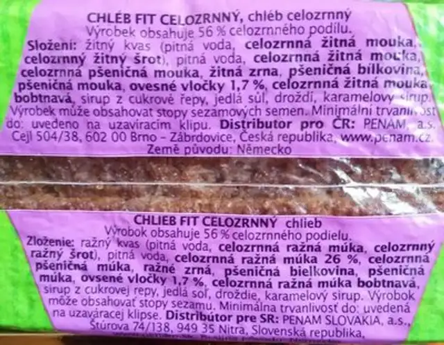 Fit Celozrnny ingredients label