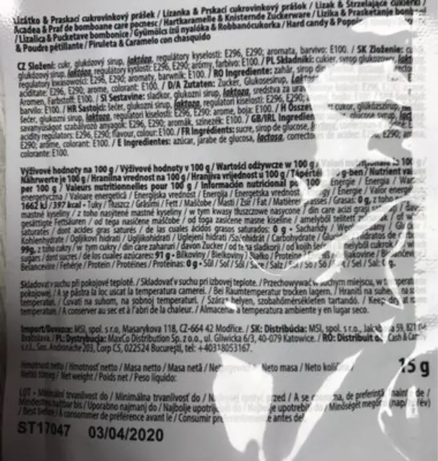 Popping Candy ingredients label