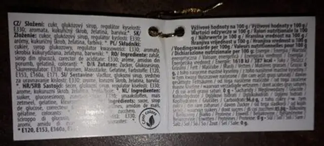 Sucette ingredients label