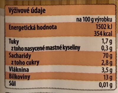 Špagety nutrition facts table