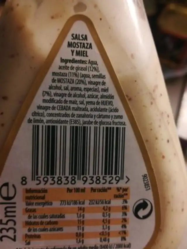 Salsa Mostaza y Miel Para Ensaladas Calvé ingredients label