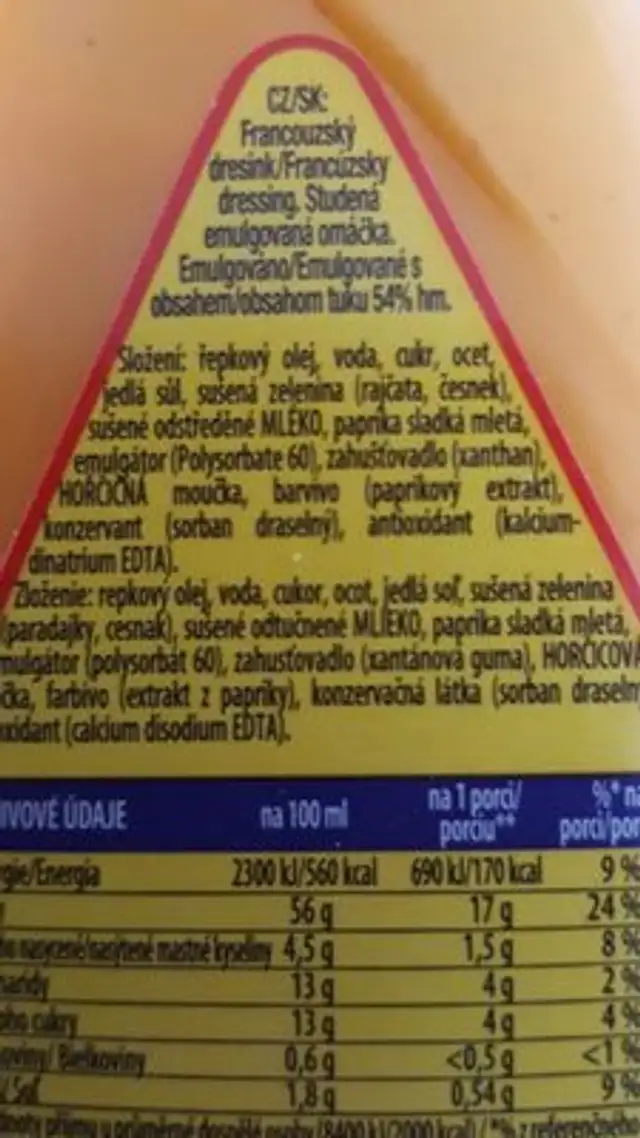 Dressing Francúzsky 235ML Hellmann´s ingredients label