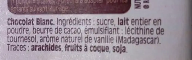 Chocolat Blanc Pour Dessert ingredients label