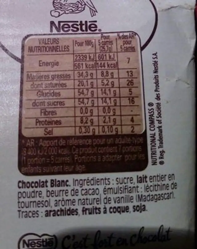 Chocolat Blanc Pour Dessert nutrition facts table