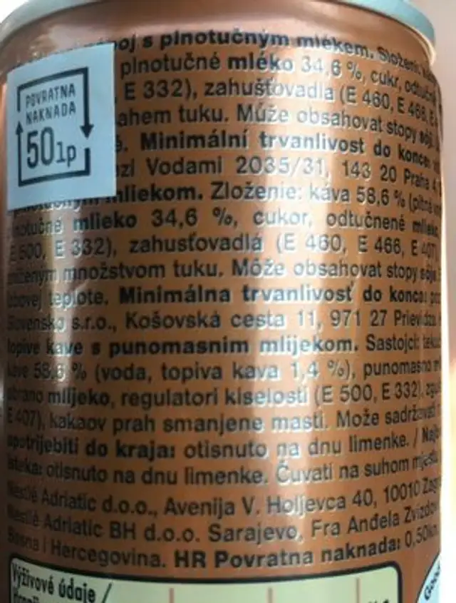 Cappucino white ingredients label